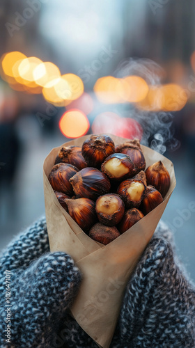 Steaming roasted chestnuts in paper cone on winter street