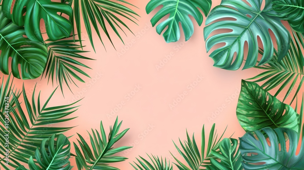 A vibrant arrangement of tropical leaves on a soft peach background, ideal for design use. A vibrant arrangement of tropical leaves on a soft peach background, ideal for design use.