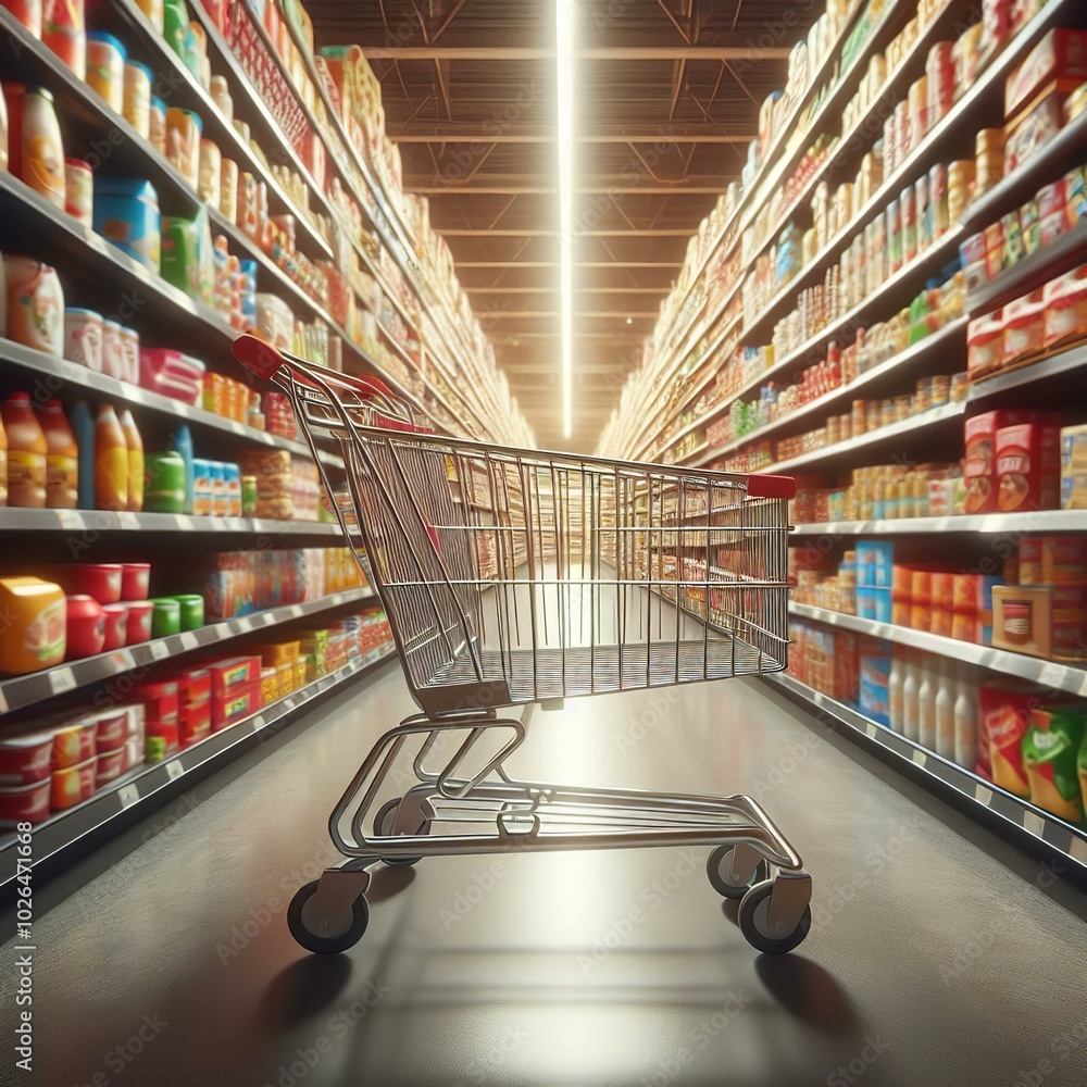 Shopping Cart in a Supermarket | An Empty Cart in a Grocery Store | Aisle of Products on Shelves | Bright and Spacious Supermarket | Grocery Store Interior Shopping Cart in a Supermarket | An Empty Cart in a Grocery Store | Aisle of Products on Shelves | Bright and Spacious Supermarket | Grocery Store Interior