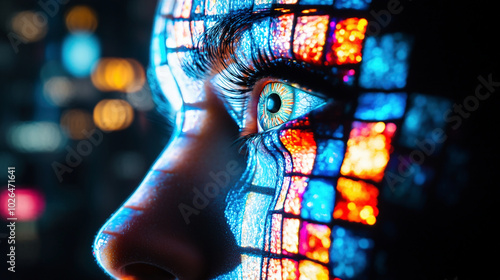 Colorful Digital Mosaic Projected Onto Human Face

