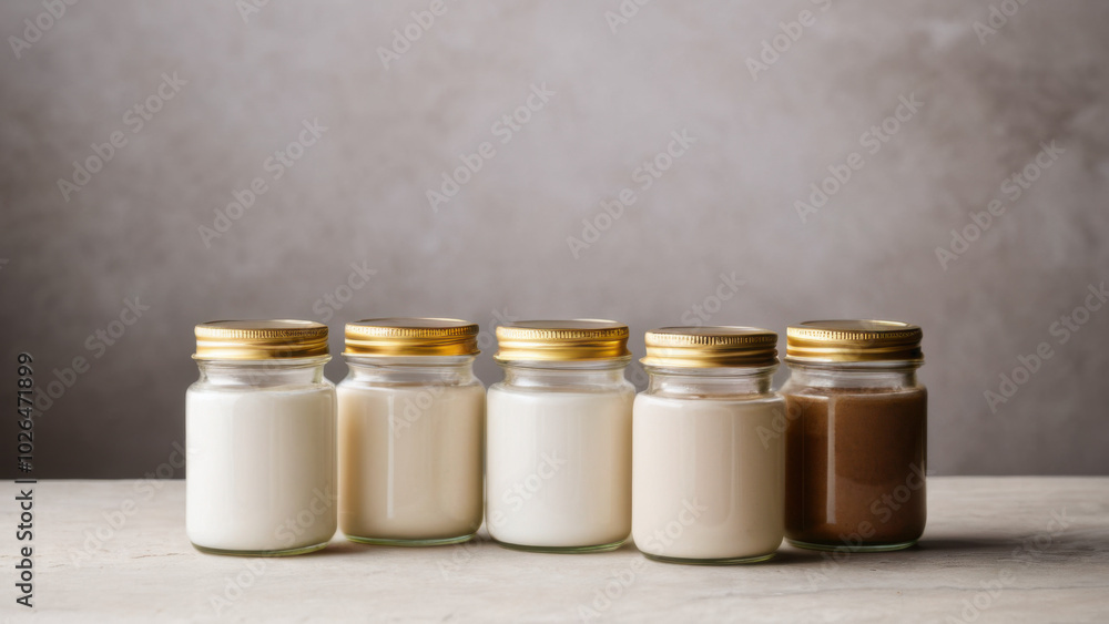 A collection of small, round jars designed for clay masks with a smooth matte texture, displayed on a natural stone surface. Ideal for skincare branding and product photography. A collection of small, round jars designed for clay masks with a smooth matte texture, displayed on a natural stone surface. Ideal for skincare branding and product photography.