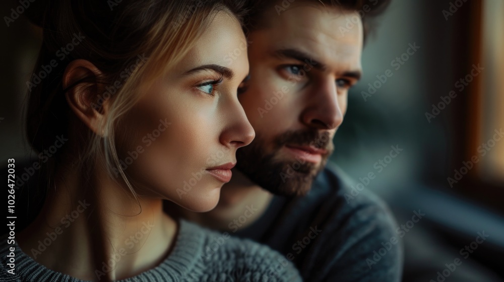 A couple sitting together, gazing out the window A couple sitting together, gazing out the window