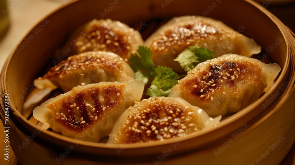 Delicious Pan-Fried Dumplings in Bamboo Steamer Delicious Pan-Fried Dumplings in Bamboo Steamer
