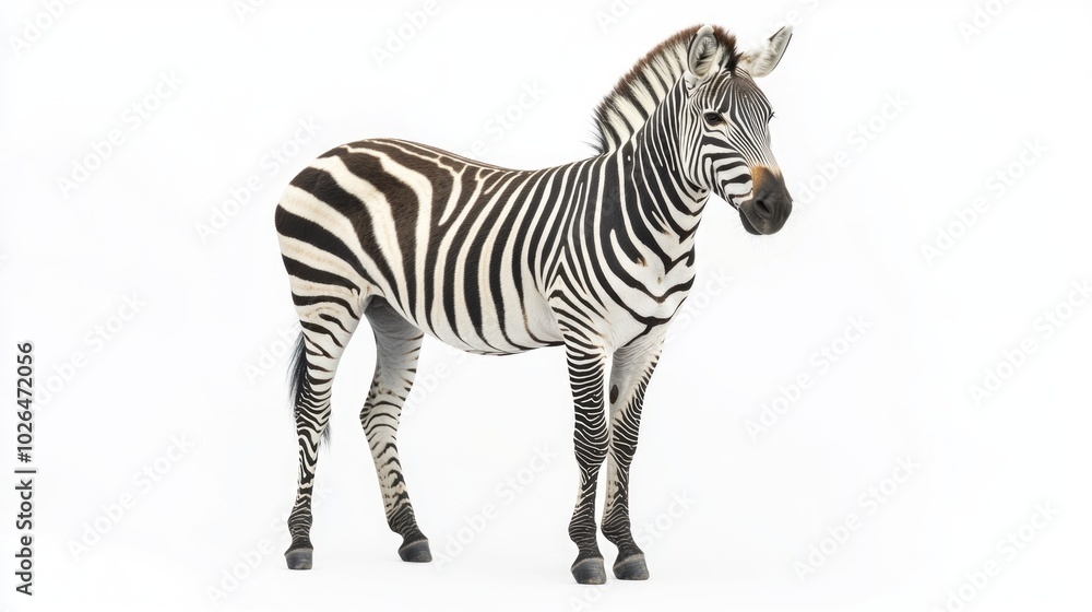 Fototapeta premium A zebra stands in snowy terrain on a white background