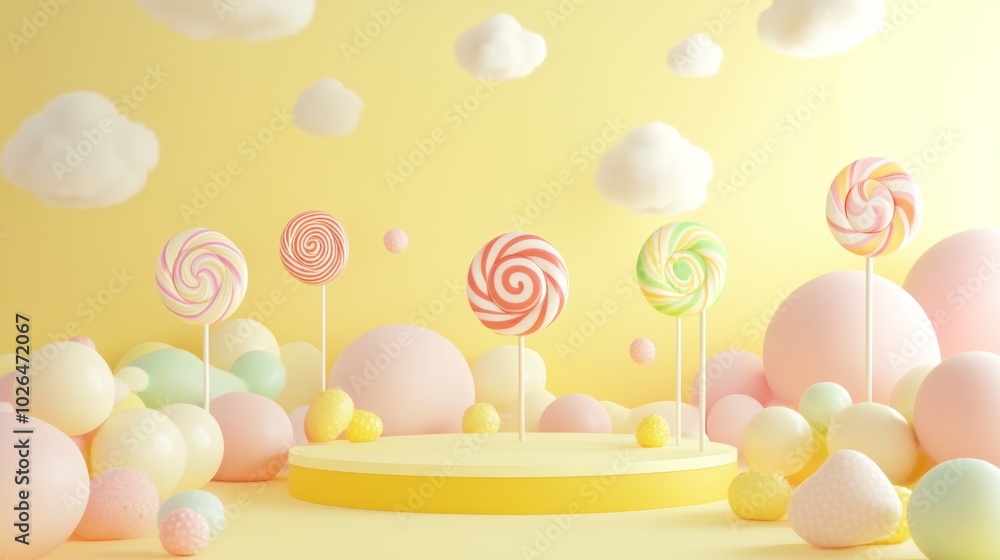 A whimsical candy-themed scene with colorful lollipops and pastel balloons on a sunny backdrop. A whimsical candy-themed scene with colorful lollipops and pastel balloons on a sunny backdrop.