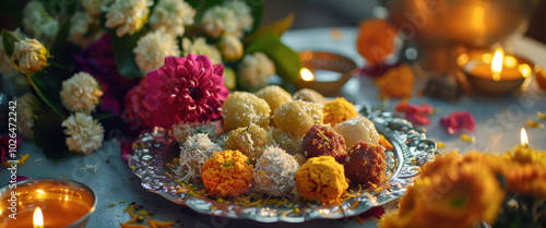 Traditional Sweets and Diyas for Lakshmi Puja Holiday Offerings on Silver Plate photo