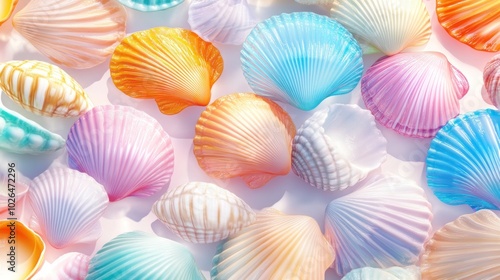 A vibrant collection of colorful seashells arranged aesthetically on a light background.