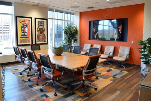 Corporate Conference Room with Native Americans Day Poster Promoting Workplace Diversity
