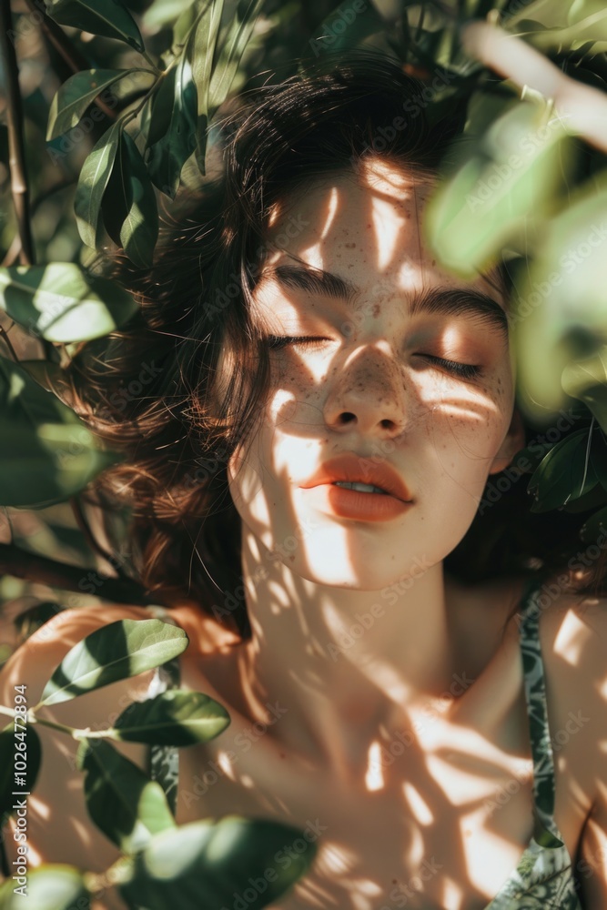 A woman relaxes with her eyes closed, surrounded by lush green leaves A woman relaxes with her eyes closed, surrounded by lush green leaves