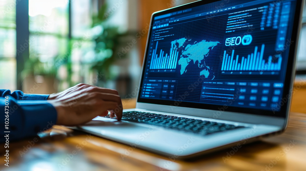 Businessman Analyzing SEO Data on Laptop, Search Engine Optimization Marketing, Website Traffic, Analytics Technology, Internet Business Concept Businessman Analyzing SEO Data on Laptop, Search Engine Optimization Marketing, Website Traffic, Analytics Technology, Internet Business Concept