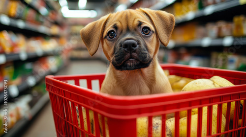 Cute Brown Puppy with Big Eyes Sitting in Red Shopping Basket at Grocery Store, Funny Dog Portrait photo