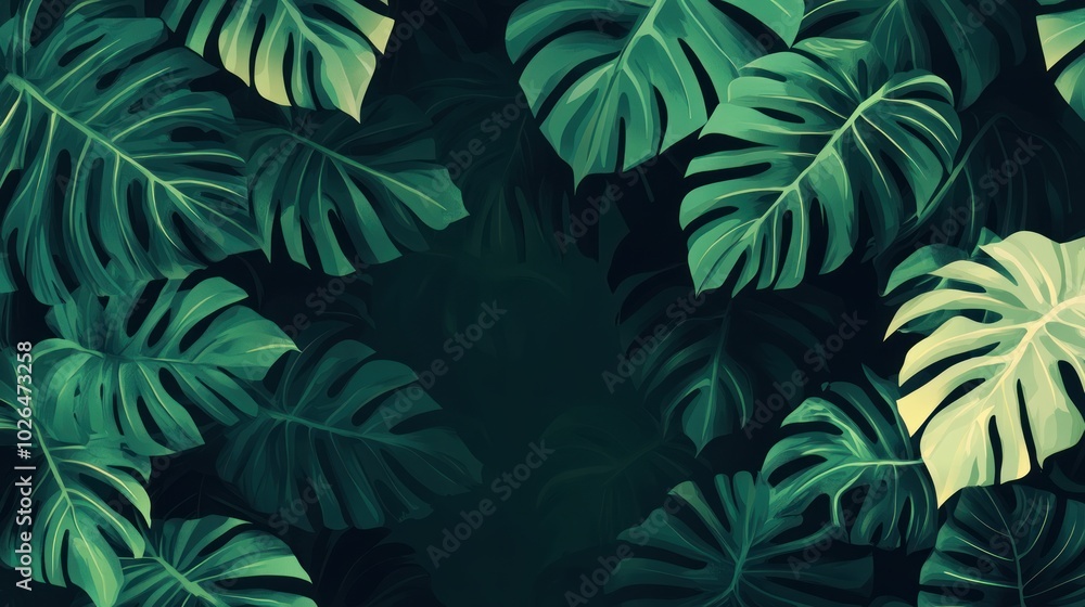 A vibrant arrangement of tropical leaves on a dark background, creating a lush atmosphere. A vibrant arrangement of tropical leaves on a dark background, creating a lush atmosphere.