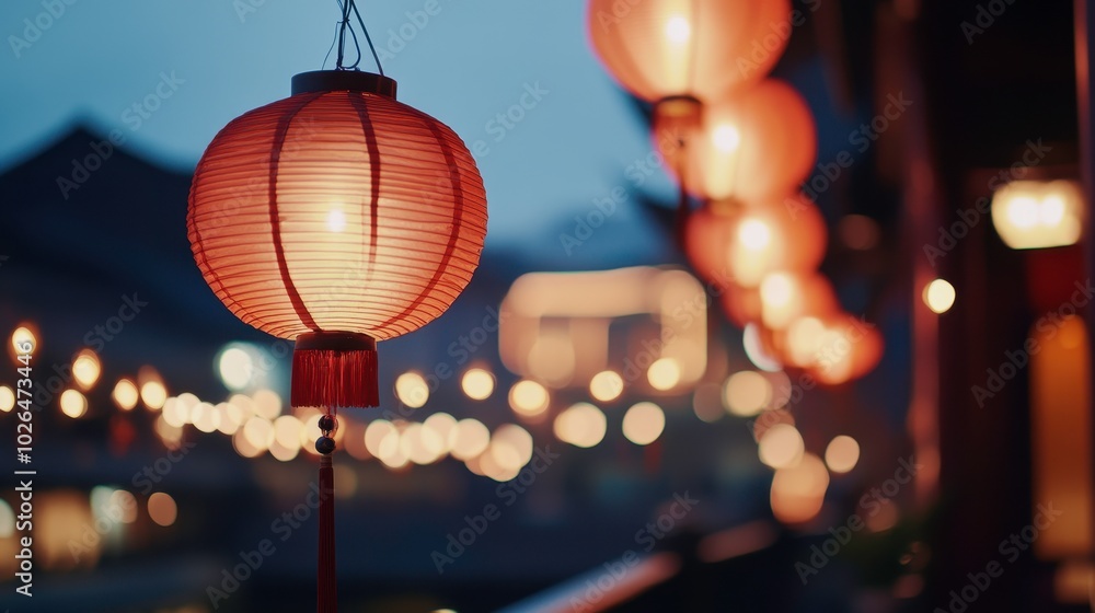 Warm lanterns illuminated at dusk. Warm lanterns illuminated at dusk.
