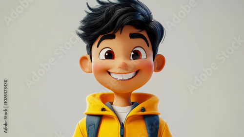 Happy Smiling Asian Cartoon Boy Teenager in 3D Style with Backpack and Yellow Hoodie on Light Background - Cute and Funny Character Concept for Positive People Illustrations