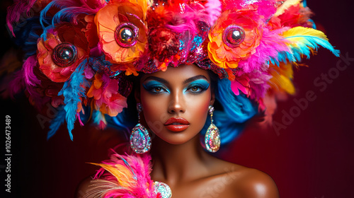 Elegant Woman in Vibrant Carnival Costume with Colorful Headdress and Dramatic Makeup, Showcasing Festive Spirit at Nighttime Festival