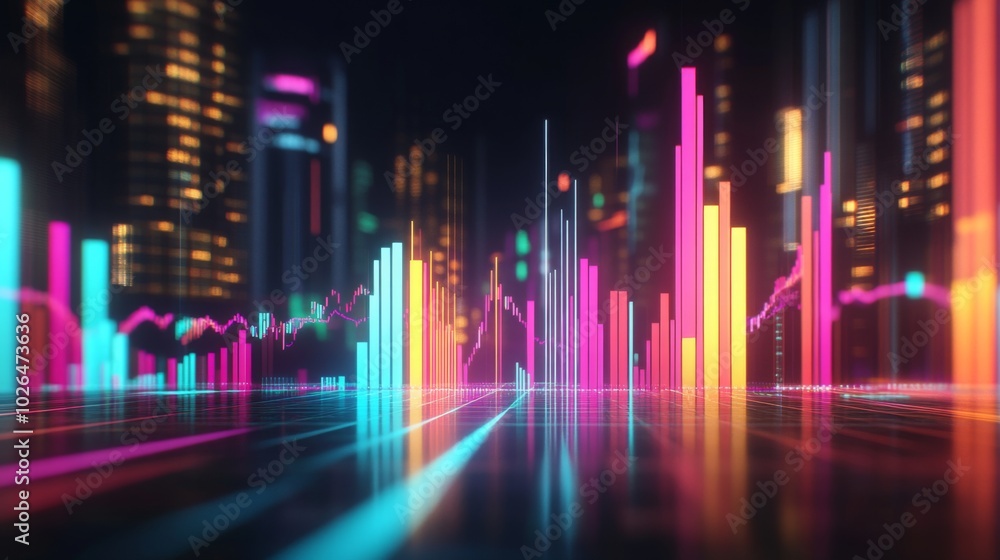 Colorful Cityscape with Abstract Data Visualization