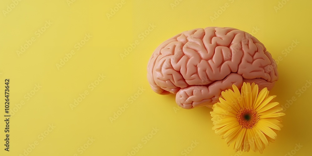 Brain with flower on a yellow background Brain with flower on a yellow background