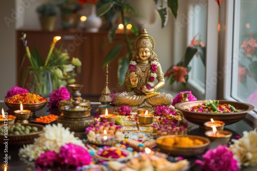 Festive Lakshmi Puja Setup with Gold Statue and Rangoli in Modern Home Interior