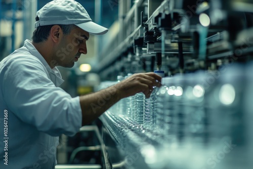 A person in a white hat operates on industrial equipment, suitable for use in industry, science or technology illustrations