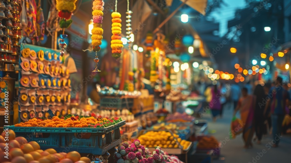 Fototapeta premium Vibrant Evening Street Market with Colorful Lakshmi Puja Items for Festive Decor