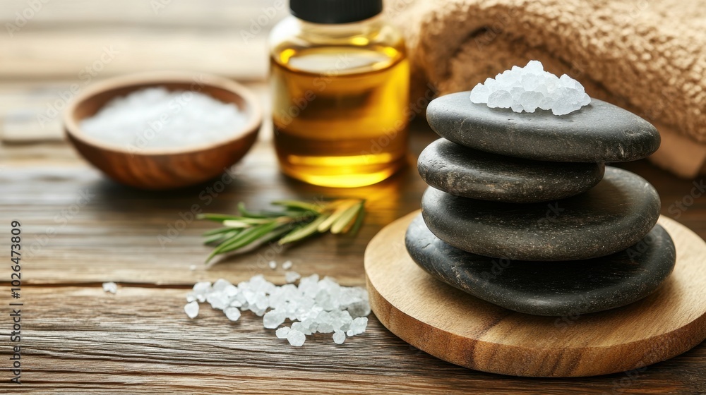 Wooden table adorned with massage stones, essential oils, and sea salt, creating a luxurious spa atmosphere for ultimate relaxation and pampering Wooden table adorned with massage stones, essential oils, and sea salt, creating a luxurious spa atmosphere for ultimate relaxation and pampering