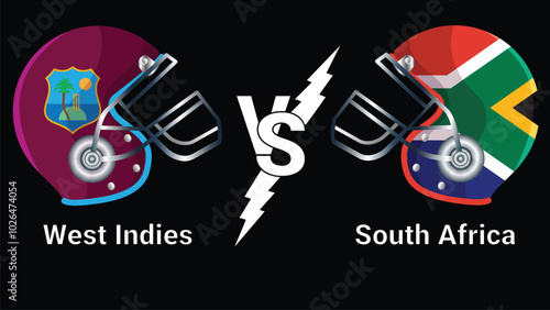 West Indies vs South Africa 3D Illustration vector flags over cricket Helmet for Versus Match with Black Background