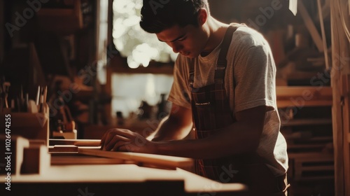 Young man setting up a carpentry and woodworking business. Concept: handicraft, do-it-yourself