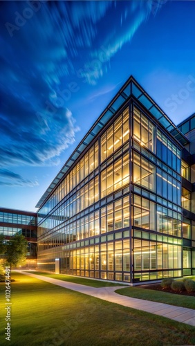 Modern office building with large glass windows at twilight