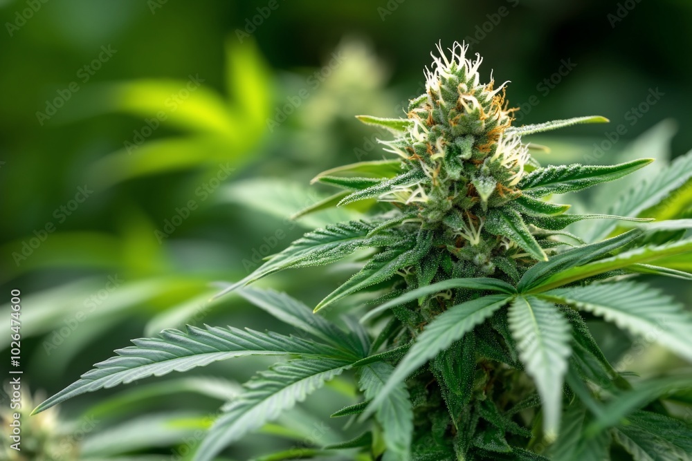 Close-up of a cannabis plant with green leaves and flowering buds. Close-up of a cannabis plant with green leaves and flowering buds.