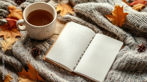 A cozy flat lay featuring a notebook and a hot drink beside colorful confetti captures the spirit of New Yearâs resolutions. inspiring motivation, creativity, and planning for personal goals 2025 photo