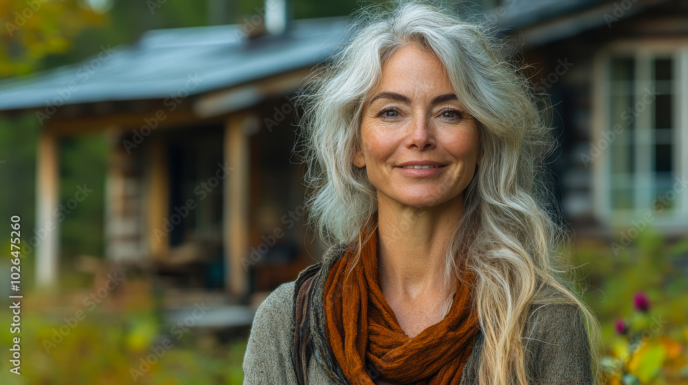 Happy Mature Woman Enjoying Her Forest Cabin Retreat, Smiling Outdoors in Front of Rustic Cottage, Nature Getaway, Relaxation in the Woods Happy Mature Woman Enjoying Her Forest Cabin Retreat, Smiling Outdoors in Front of Rustic Cottage, Nature Getaway, Relaxation in the Woods