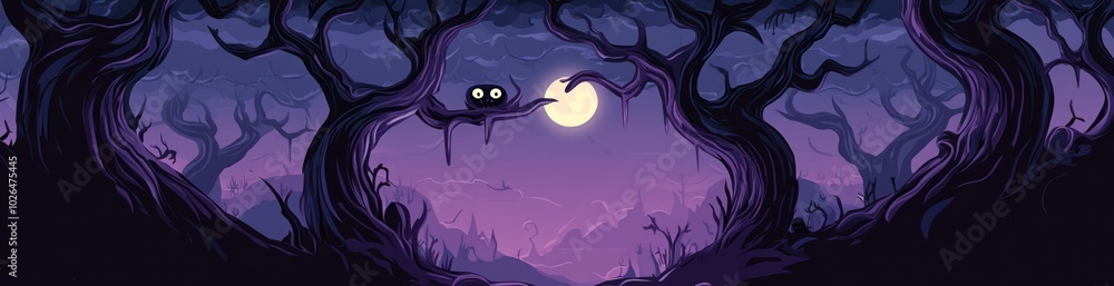 A mystical forest scene at night with a full moon and a curious creature perched on a branch. A mystical forest scene at night with a full moon and a curious creature perched on a branch.