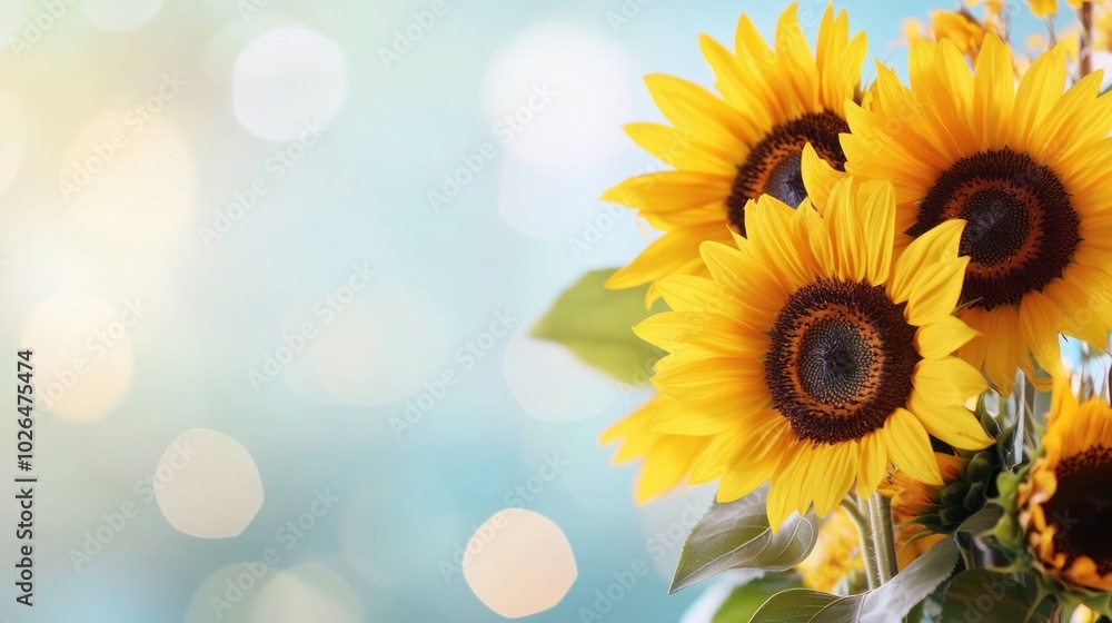 A vibrant bouquet of sunflowers against a soft, blurred background. A vibrant bouquet of sunflowers against a soft, blurred background.