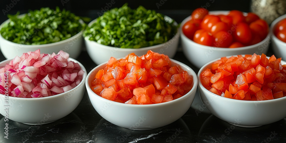 diced tomatoes in white bowls, ideal for fresh cooking ingredients or salad preparation diced tomatoes in white bowls, ideal for fresh cooking ingredients or salad preparation