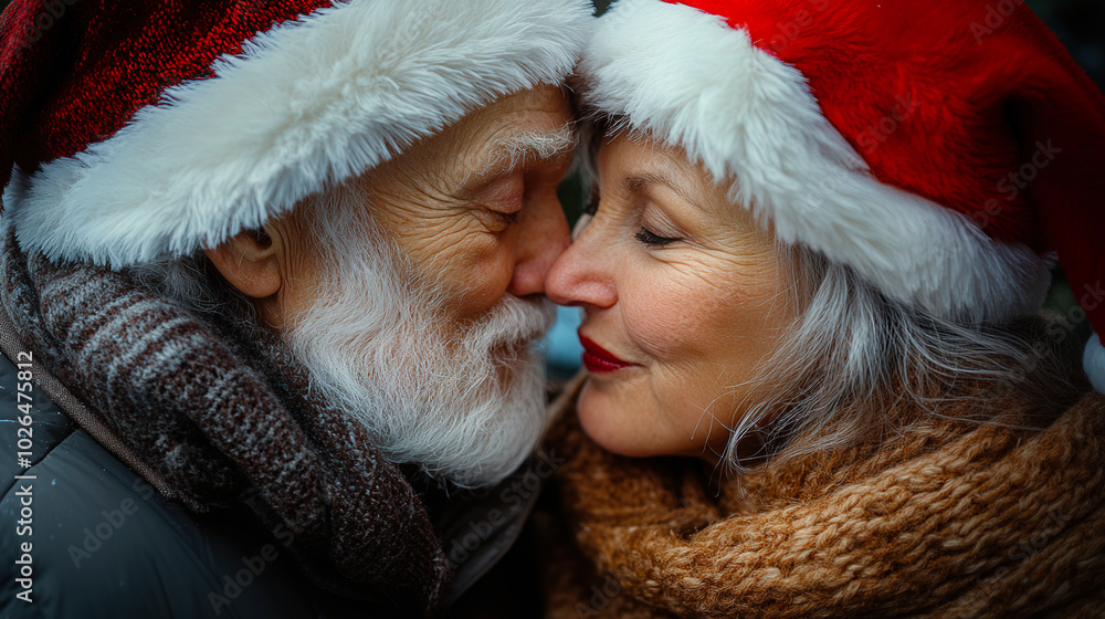 Obraz premium Elderly Couple Sharing a Kiss While Wearing Santa Hats on Transparent Background, Perfect for Heartwarming Holiday Campaigns 
