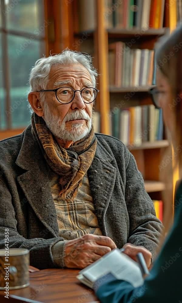 An elderly man and the office psychologist are having a depressed therapy session. An elderly man and the office psychologist are having a depressed therapy session.