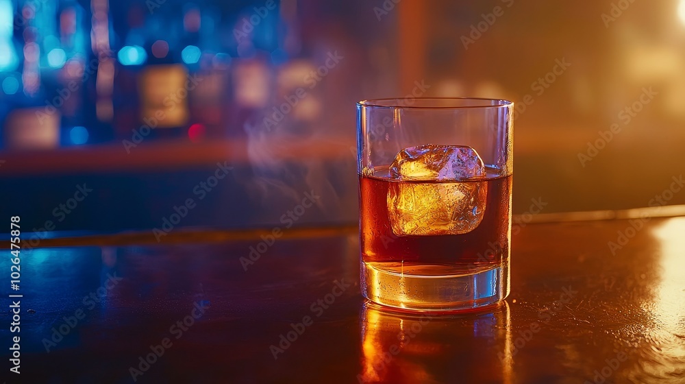 A glass of whiskey with ice sits on a polished wooden bar, set against a blurred background of liquor bottles. A glass of whiskey with ice sits on a polished wooden bar, set against a blurred background of liquor bottles.