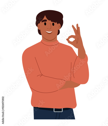 Man shows an OK sign with his hand. Satisfied man approving something. Vector flat illustration isolated on white background