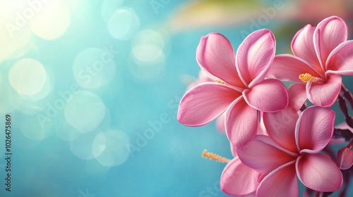 A serene image of pink flowers against a soft, blurred blue background.