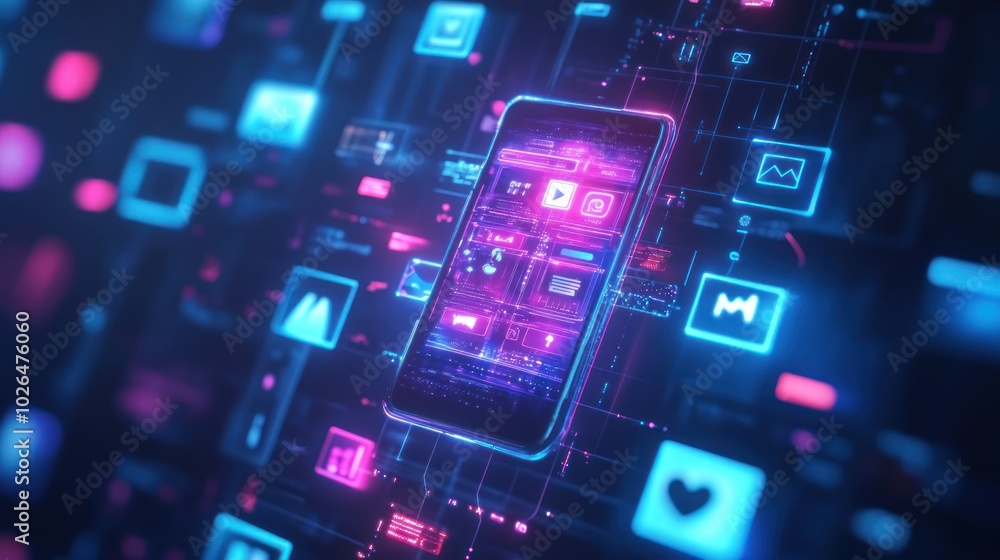 A futuristic smartphone surrounded by vibrant digital icons and data visualizations. A futuristic smartphone surrounded by vibrant digital icons and data visualizations.