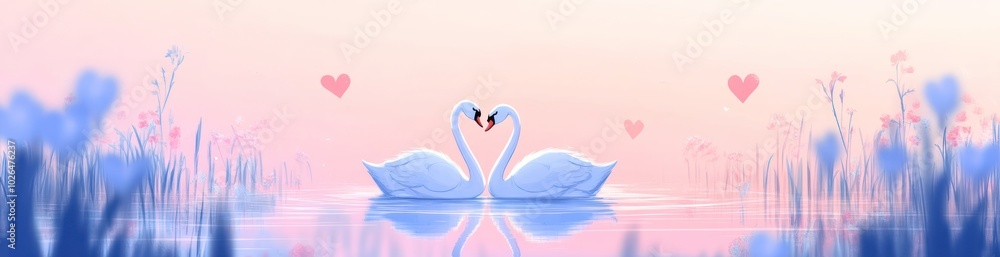 Two swans form a heart shape on a tranquil lake, surrounded by soft colors and hearts. Two swans form a heart shape on a tranquil lake, surrounded by soft colors and hearts.