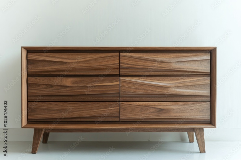 A wooden chest of drawers against a white wall, providing storage and organization A wooden chest of drawers against a white wall, providing storage and organization
