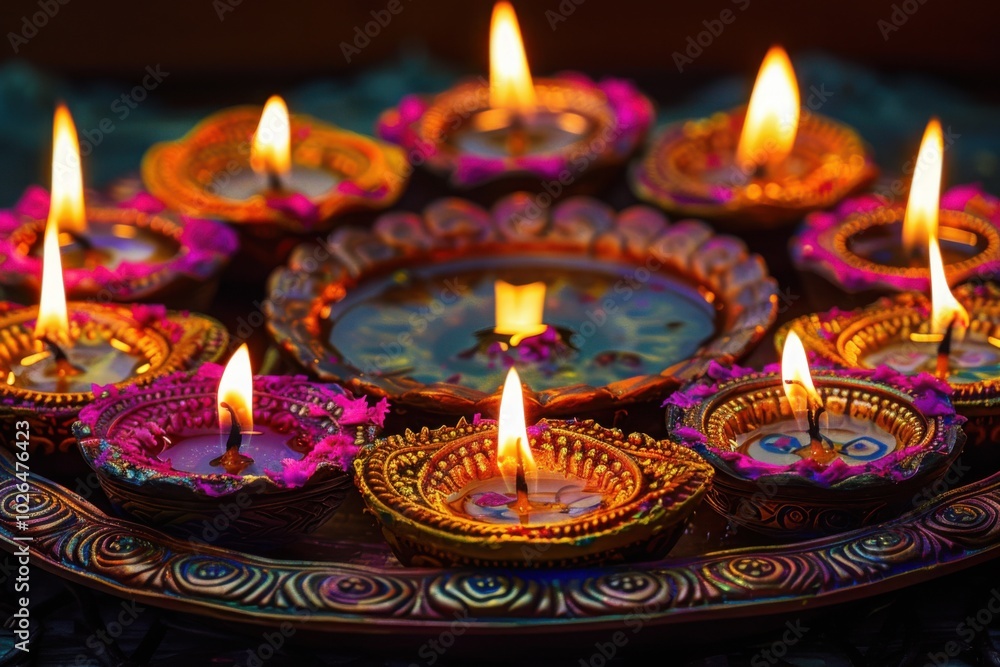 A circular arrangement of intricately designed and brightly lit clay oil lamps (diyas) surrounding a decorative centerpiece, capturing the essence of Diwali celebrations.
A circular arrangement of intricately designed and brightly lit clay oil lamps (diyas) surrounding a decorative centerpiece, capturing the essence of Diwali celebrations.