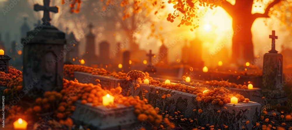 Tranquil Cemetery at Dawn with Marigold Petals and Candlelight for Ancestral Tribute Tranquil Cemetery at Dawn with Marigold Petals and Candlelight for Ancestral Tribute