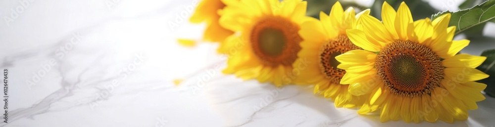 Naklejka premium A close-up of vibrant sunflowers on a marble surface, showcasing natural beauty.