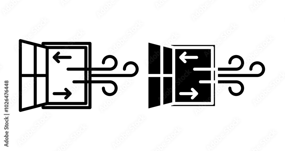 Room ventilation Icons set in solid and thin line style Room ventilation Icons set in solid and thin line style