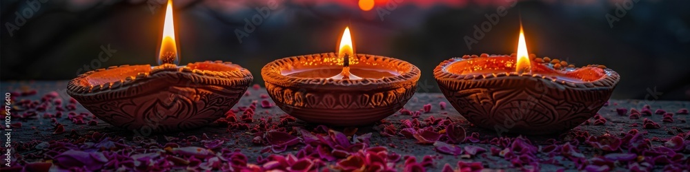 A close-up of three traditional clay oil lamps (diyas) lit and placed on a bed of vibrant flower petals, symbolizing the celebration of Diwali, with a soft, colorful bokeh background.
A close-up of three traditional clay oil lamps (diyas) lit and placed on a bed of vibrant flower petals, symbolizing the celebration of Diwali, with a soft, colorful bokeh background.