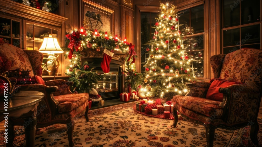Charming nighttime living room with plush armchairs and a festive christmas tree adorned with lights Charming nighttime living room with plush armchairs and a festive christmas tree adorned with lights