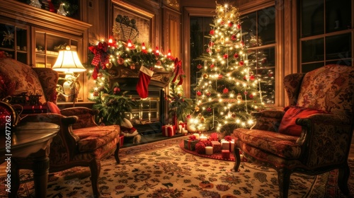 Charming nighttime living room with plush armchairs and a festive christmas tree adorned with lights