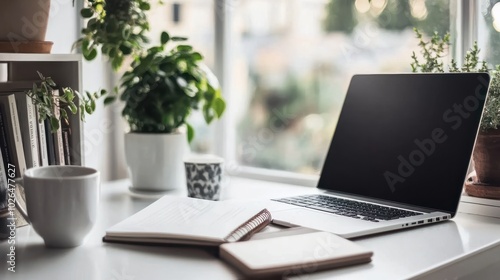 Wallpaper Mural A laptop, notebook, and coffee cup sit on a simple white desk, inviting productivity in the early hours Torontodigital.ca